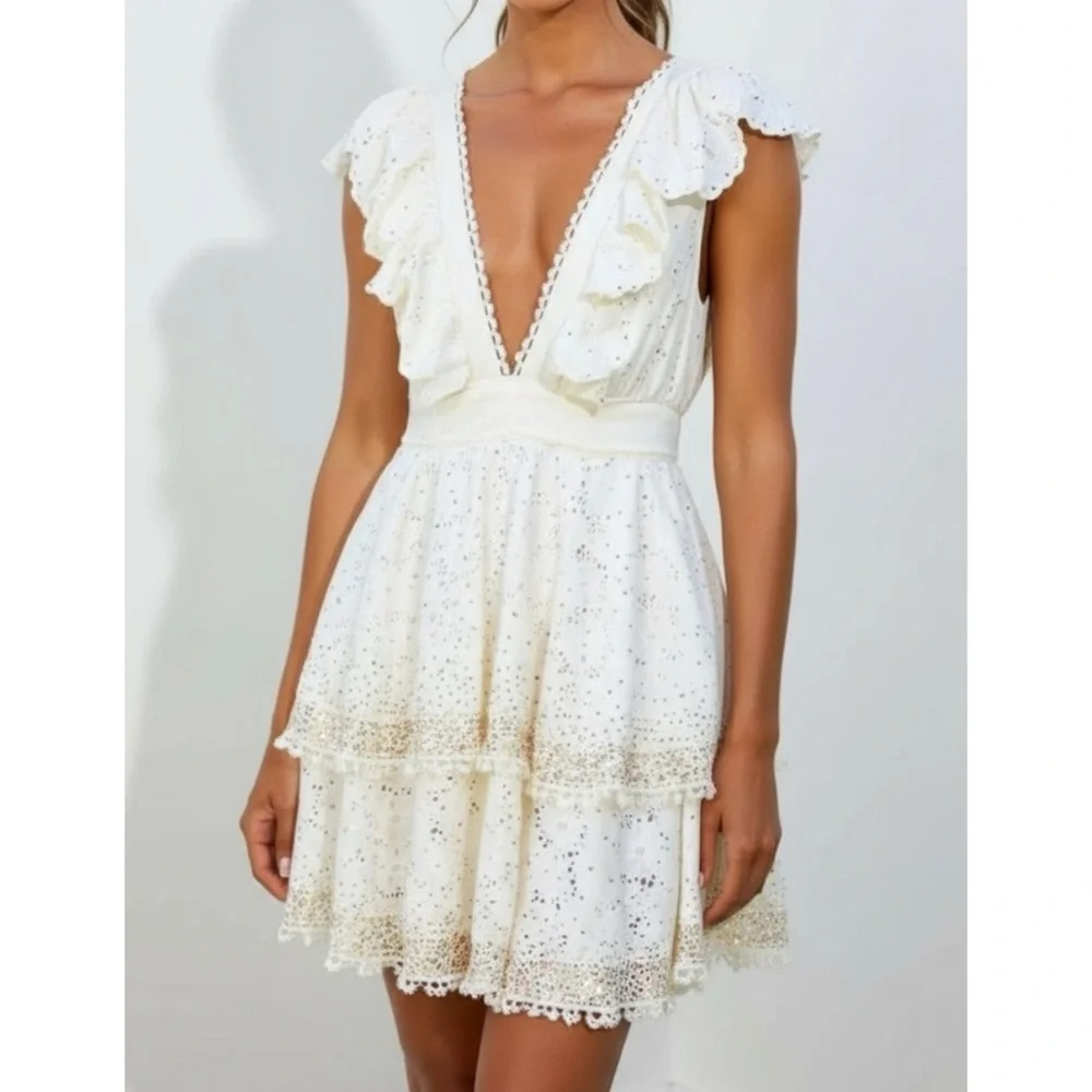 FARM RIO Eyelet Beaded Mini Dress, Off White, XS - Picture 2 of 15